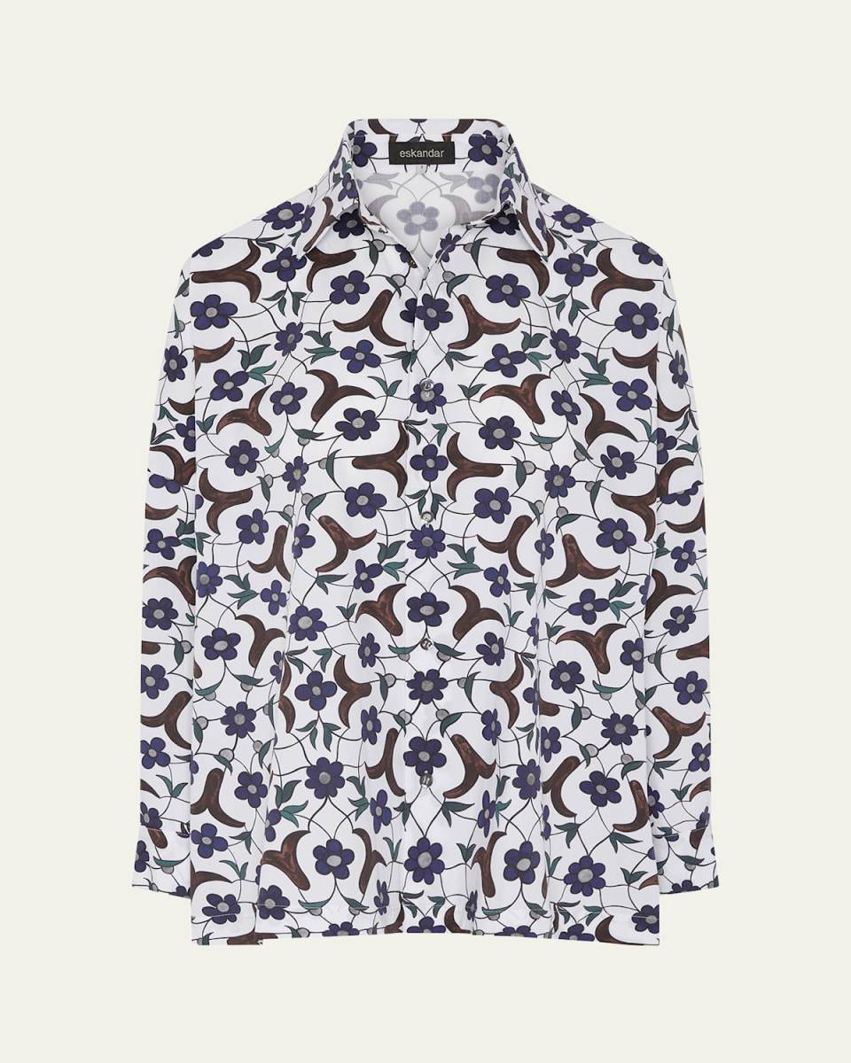 Cotton Buds Flowers Tile-Print Wide Longer-Back Shirt With Collar (Mid Plus Length)